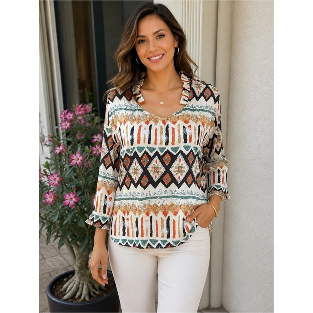 TULLE! Silky/Satin blouse, S. Southwestern pattern. Vibrant colors. Ruffles…